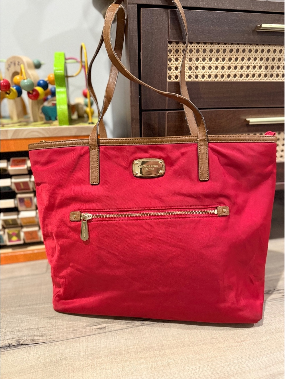 Michael Kors Red Nylon Tote Bag with Brown Leather Handles